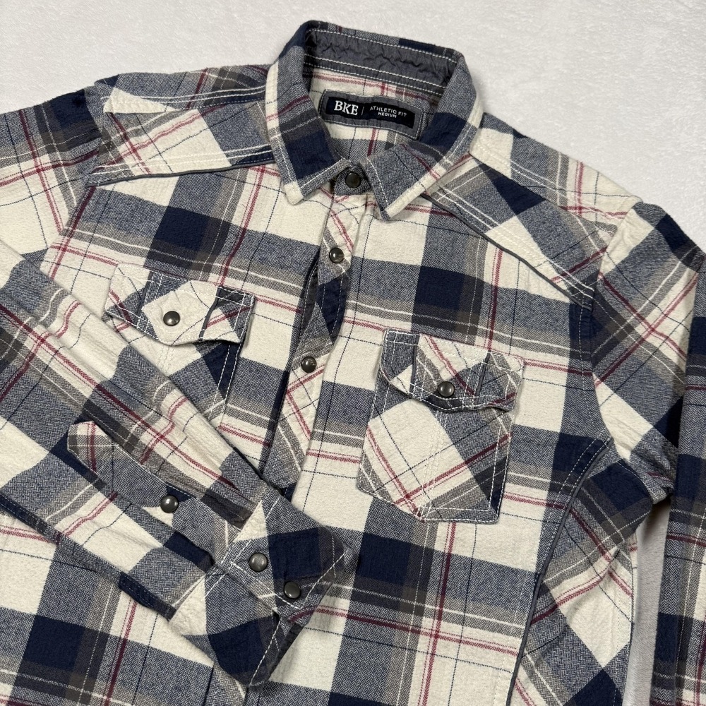 BKE Shirt Mens Medium Blue‎ Plaid Flannel Western Snap Athletic Fit Long Sleeve